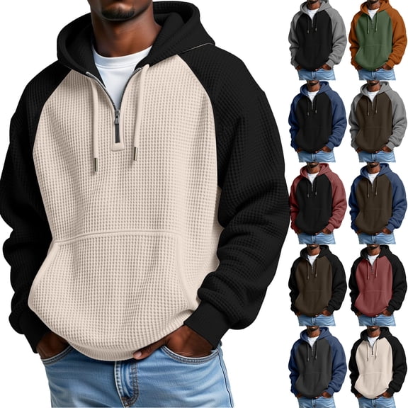 Mens Hoodies Pullover Quarter Zip Casual Long Sleeve Drawstring Waffle Knit Hooded Sweatshirt with Pocket Brown L