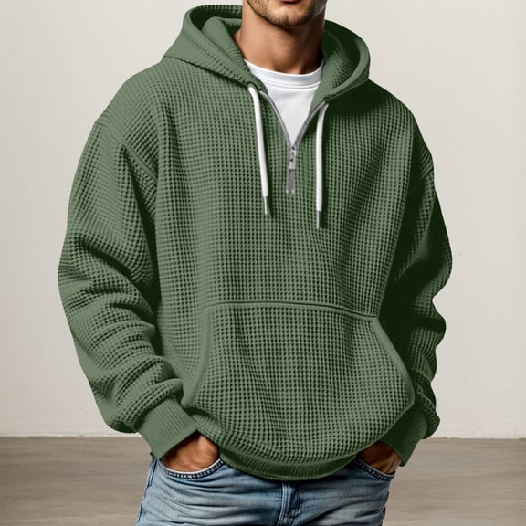 Mens Hoodies Pullover Quarter Zip Long Sleeve Drawstring Waffle Knit Hooded Sweatshirt with Pocket