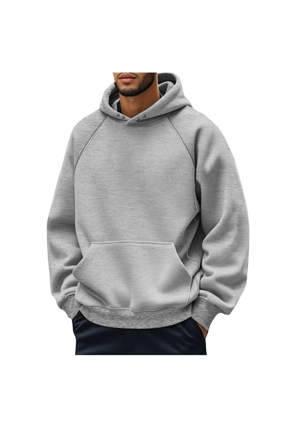 Mens Hoodies Pullover Sevevn Man Solid Color Casual Sporty Pullover Pocket Long Sleeve Hooded Sweatshirt Snap Closure