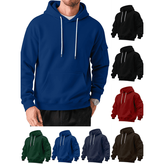 Mens Hoodies Pullover Solid Color Drawstring Fall Winter Hooded Sweatshirts Multifunctional Tops with Pockets and Arm Pockets