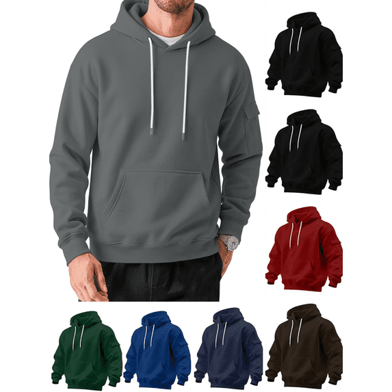 Mens Hoodies Pullover Solid Color Drawstring Fall Winter Hooded Sweatshirts Multifunctional Tops with Pockets and Arm Pockets