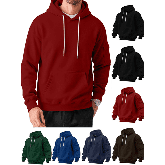 Mens Hoodies Pullover Solid Color Drawstring Fall Winter Hooded Sweatshirts Multifunctional Tops with Pockets and Arm Pockets