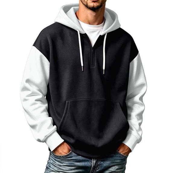 Mens Hoodies Quarter Zip Color Block Raglan Sleeve Pullover Drawstring Sweatshirt with Pocket Casual Outdoor Long Sleeve Tops Light Gray XL