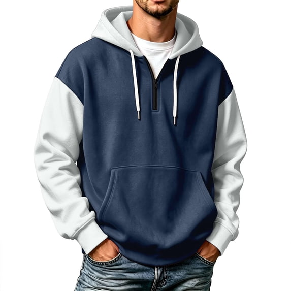 Mens Hoodies Quarter Zip Color Block Raglan Sleeve Pullover Drawstring Sweatshirt with Pocket Casual Outdoor Long Sleeve Tops Navy XL