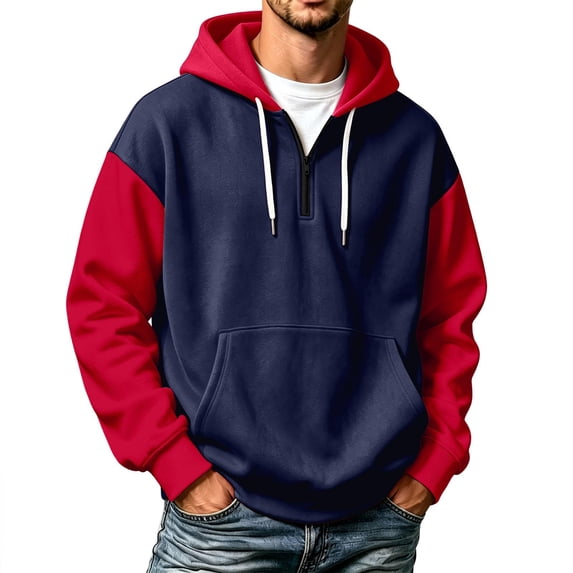 Mens Hoodies Quarter Zip Color Block Raglan Sleeve Pullover Drawstring Sweatshirt with Pocket Casual Outdoor Long Sleeve Tops Red M