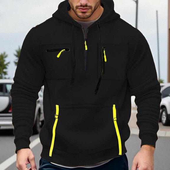 Mens Hoodies Quarter Zip Solid Fashion Casual Loose Fit Hooded Sweatshirts Soft Comfoty Long Sleeve Pullover Tops Spring Fall Outfits Clothes Black M