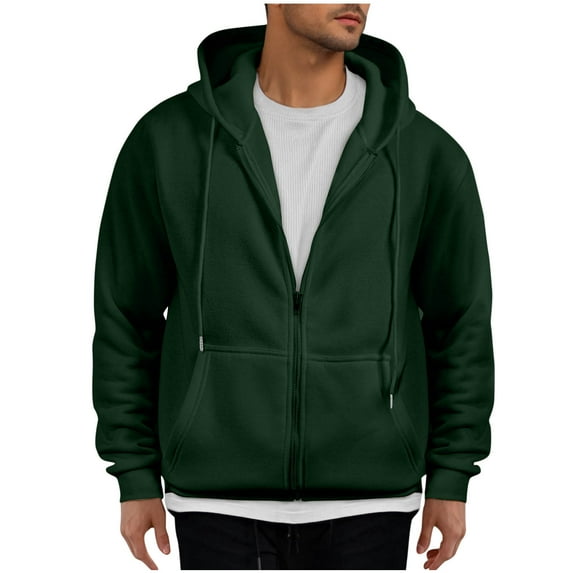 Mens Hoodies Sale Drawstring Full Zip Hooded Sweatshirt Long Sleeve Solid Color Coats with Hood for Men (Army Green 2XL)