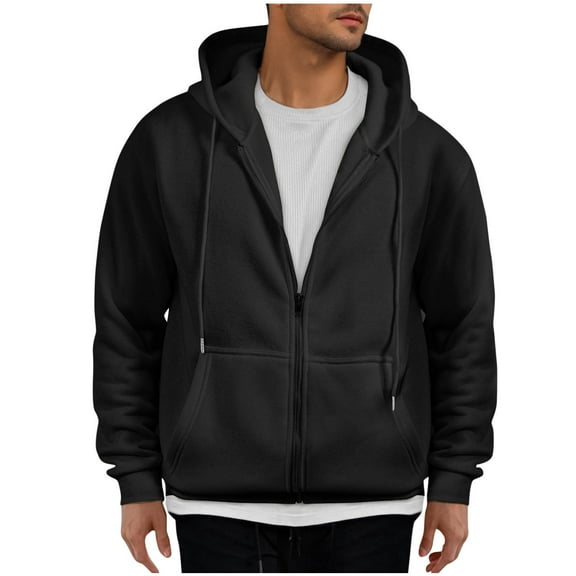 Mens Hoodies Sale Drawstring Full Zip Hooded Sweatshirt Long Sleeve Solid Color Coats with Hood for Men (Black XL)