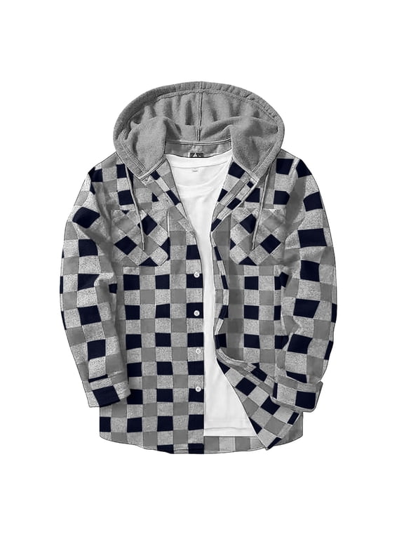 Mens Hoodies Shirts Jacket Flannel Long Sleeve Button up Plaid Casual Trendy Hooded Coat with Pocket New Mens Fall Outerwear Gray 3XL