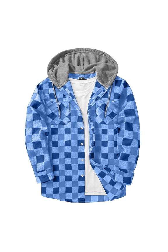 Mens Hoodies Shirts Jacket Flannel Long Sleeve Button up Plaid Casual Trendy Hooded Coat with Pocket New Mens Outerwear Jacket Blue M