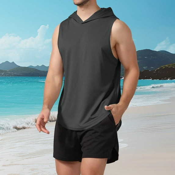 Mens Hoodies Sleeveless Shirts Casual Solid Color Pullover Lightweight Breathable Athletic Workout Basketball Running Gym Tank Tops