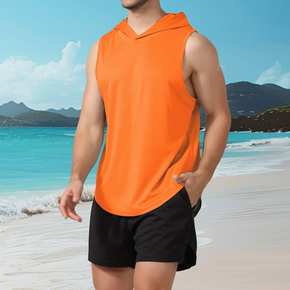 Mens Hoodies Sleeveless Shirts Casual Solid Color Pullover Lightweight Breathable Athletic Workout Basketball Running Gym Tank Tops