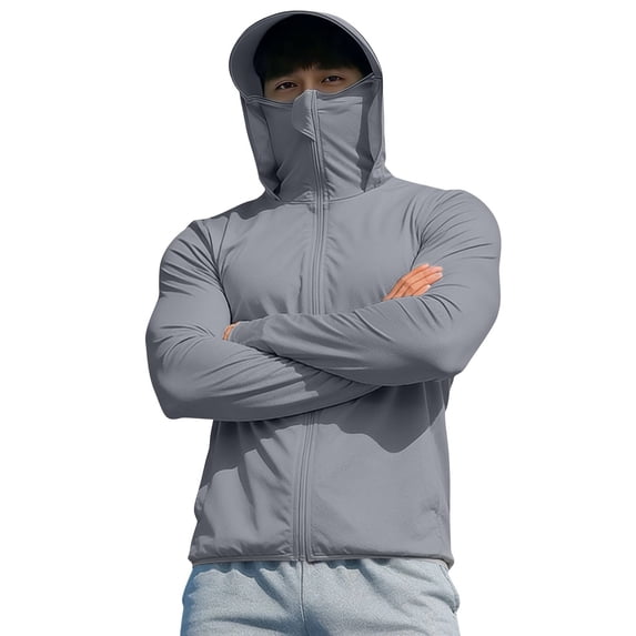 Mens Hoodies Sun Shirts UPF 50+ Full Zip Fishing Rash Guard Long Sleeve UV Protection Lightweight SPF with Mask Pocket