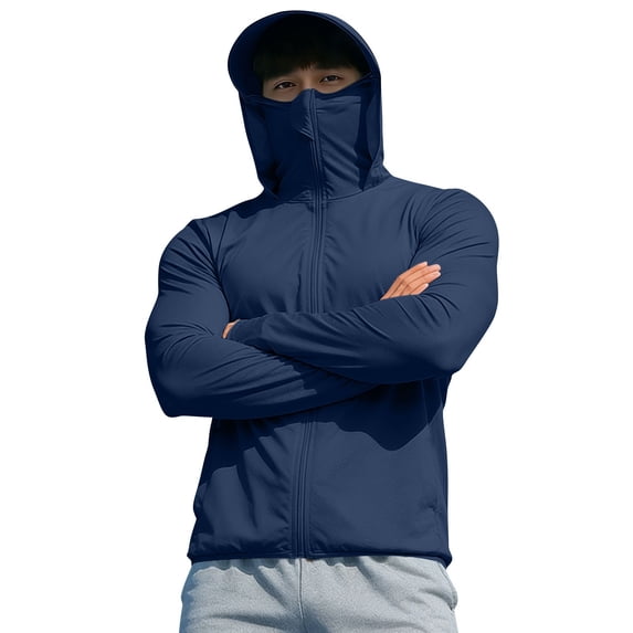 Mens Hoodies Sun Shirts UPF 50+ Full Zip Fishing Rash Guard Long Sleeve UV Protection Lightweight SPF with Mask Pocket