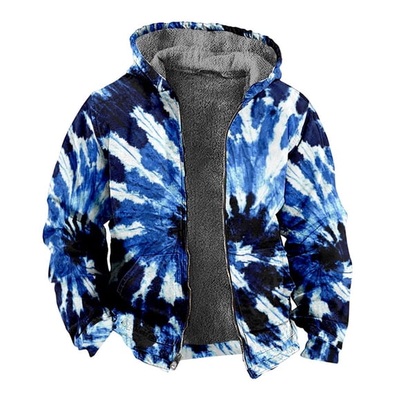 Mens Hoodies Tie Dye Lined Full Zip Heavyweight Hooded Sweatshirt Thick Warm Jacket Coat Fall Winter Blue L