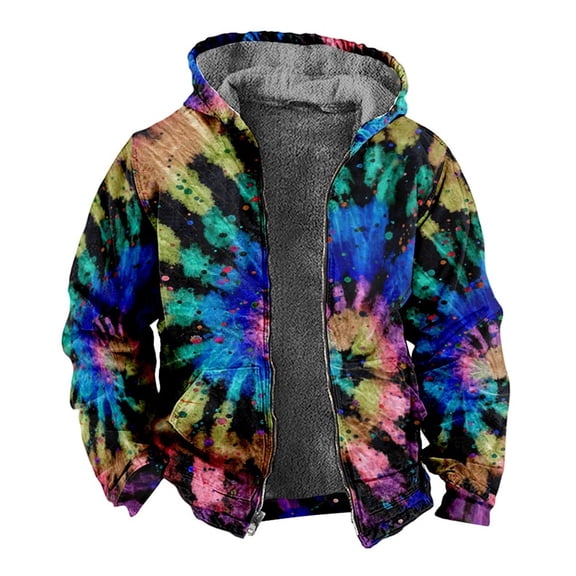 Mens Hoodies Tie Dye Lined Full Zip Heavyweight Hooded Sweatshirt Thick Warm Jacket Coat Fall Winter Dark Blue M