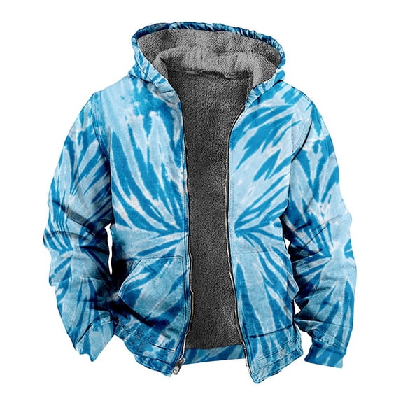 Mens Hoodies Tie Dye Lined Full Zip Heavyweight Hooded Sweatshirt Thick Warm Jacket Coat Fall Winter Light Blue L