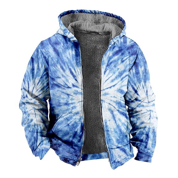 Mens Hoodies Tie Dye Lined Full Zip Heavyweight Hooded Sweatshirt Thick Warm Jacket Coat Fall Winter White XXXL