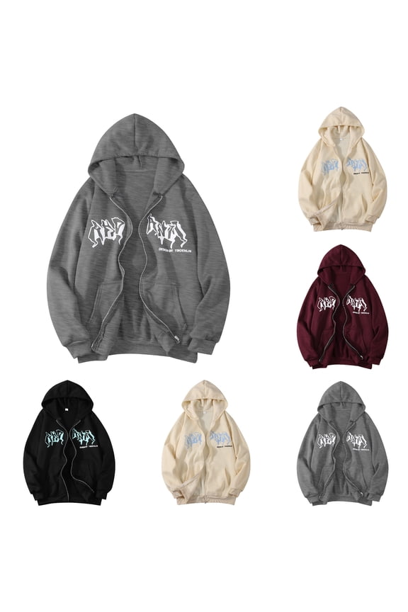 Mens Y2k Gothic Hoodie Graphic Zip Up Jacket Hip Hop Streetwear Baggy Long Sleeve Sweatshirt Grey S