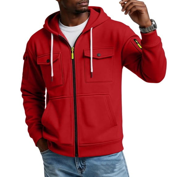 Mens Hoodies Zip Up Cargo Tactical Big And Tall Hoodies Zipper Pockets Fleece Vintage Athletic Hoodie Jacket Red L