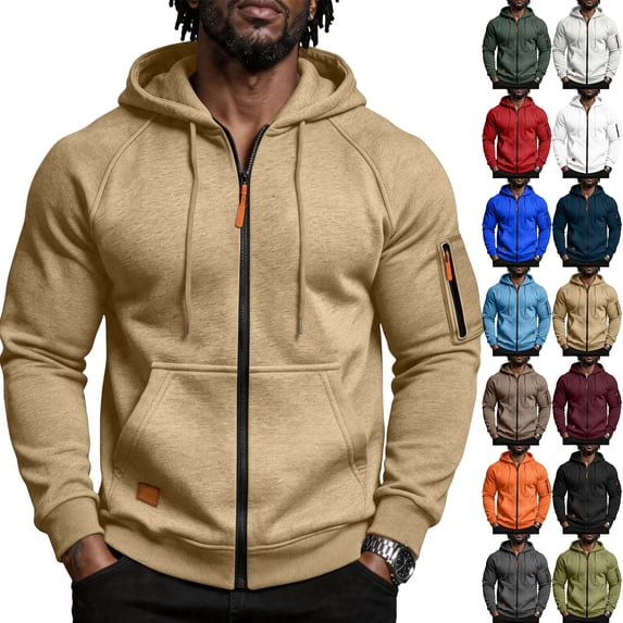 Mens Hoodies Zip Up Sweatshirt, Drawstring Hood Kangaroo Pocket Athletic Jacket, Casual Fall Winter Tops