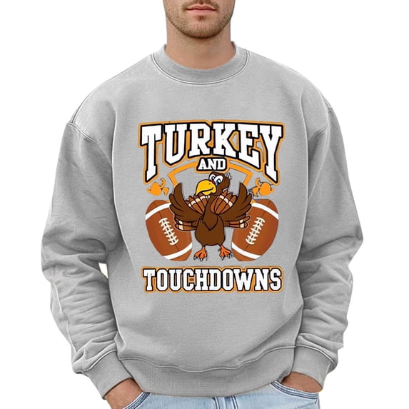 Mens Hoodless Hoodie Sweatshirts Solid Color Crew Neckleter Turkey Pattern Printed Mens Autumn And Winter Clothes,Light Gray,L