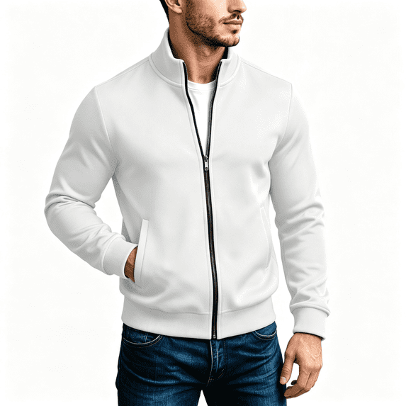 Mens Hoodless Sweater Coat Long Sleeve Lightweight Zip Up Long Sleeve Track Jacket Outwear White 3XL