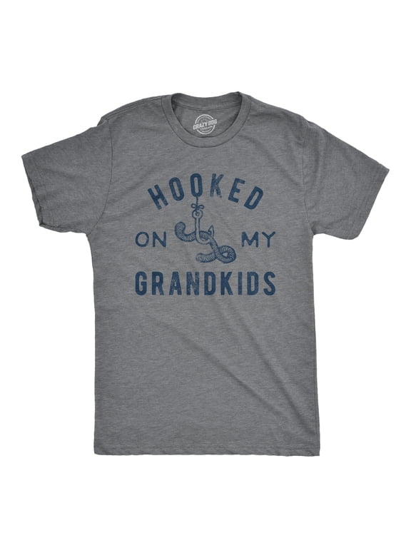 Mens Hooked On My Grandkids T Shirt Funny Fishing Grandpa Novelty Graphic Tee Graphic Tees