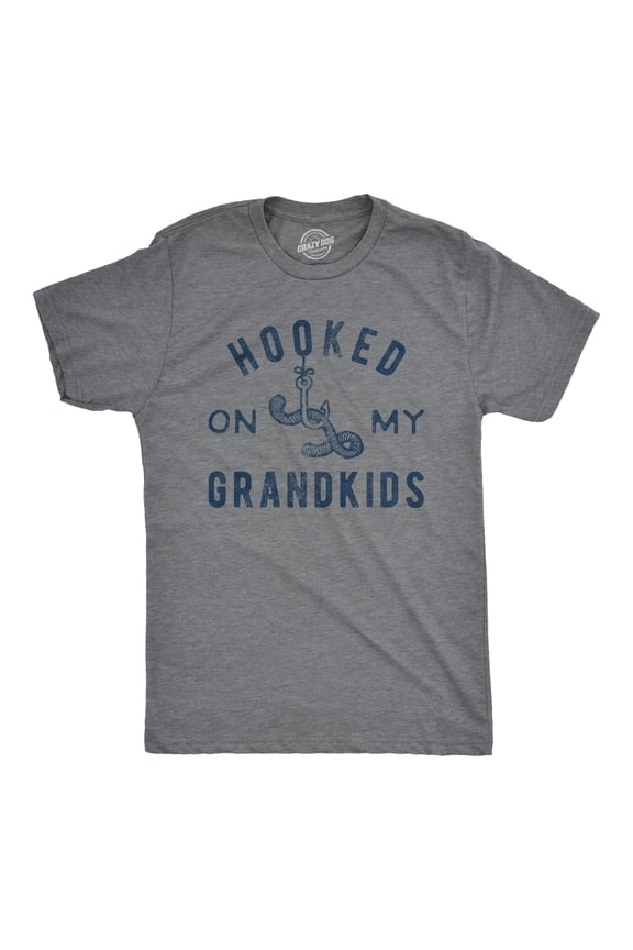 Mens Hooked On My Grandkids T Shirt Funny Fishing Grandpa Novelty Graphic Tee Graphic Tees