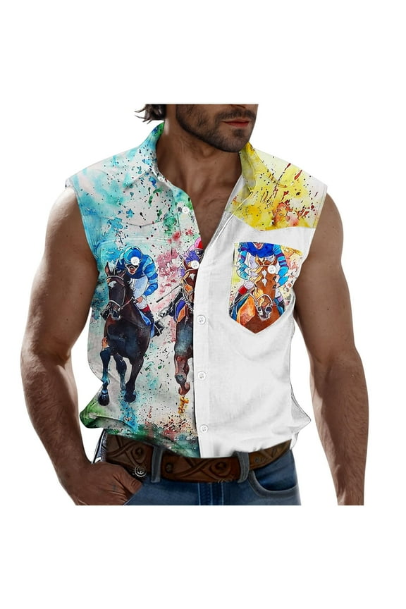 Mens Horse Race Print Turndown Collar Tank Top Casual Fashion Sleeveless Shirts Summer Button Cooling Clothes