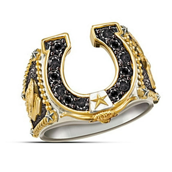 Mens Horseshoes U Shape Ring Bicolor Metal Alloy Inlaid Gemstones Electroplated Fashion Jewelry Europe America