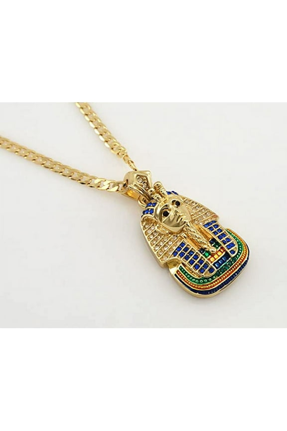 Mens Hot New 3D Style Gold Tone King Tut Pharaoh Pendant Free 24" Chain.