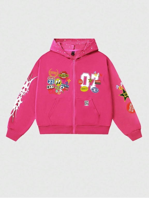Mens Hot Pink Graphic Zip-Up Hoodie Sweatshirt with Sequin Hood & Patches