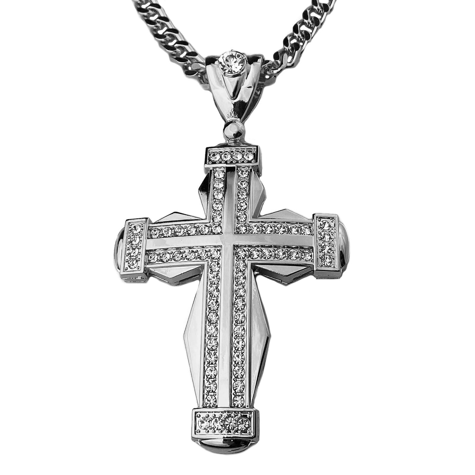 Mens Huge Double Cross Iced Pendant Jesus Piece Necklace Silver