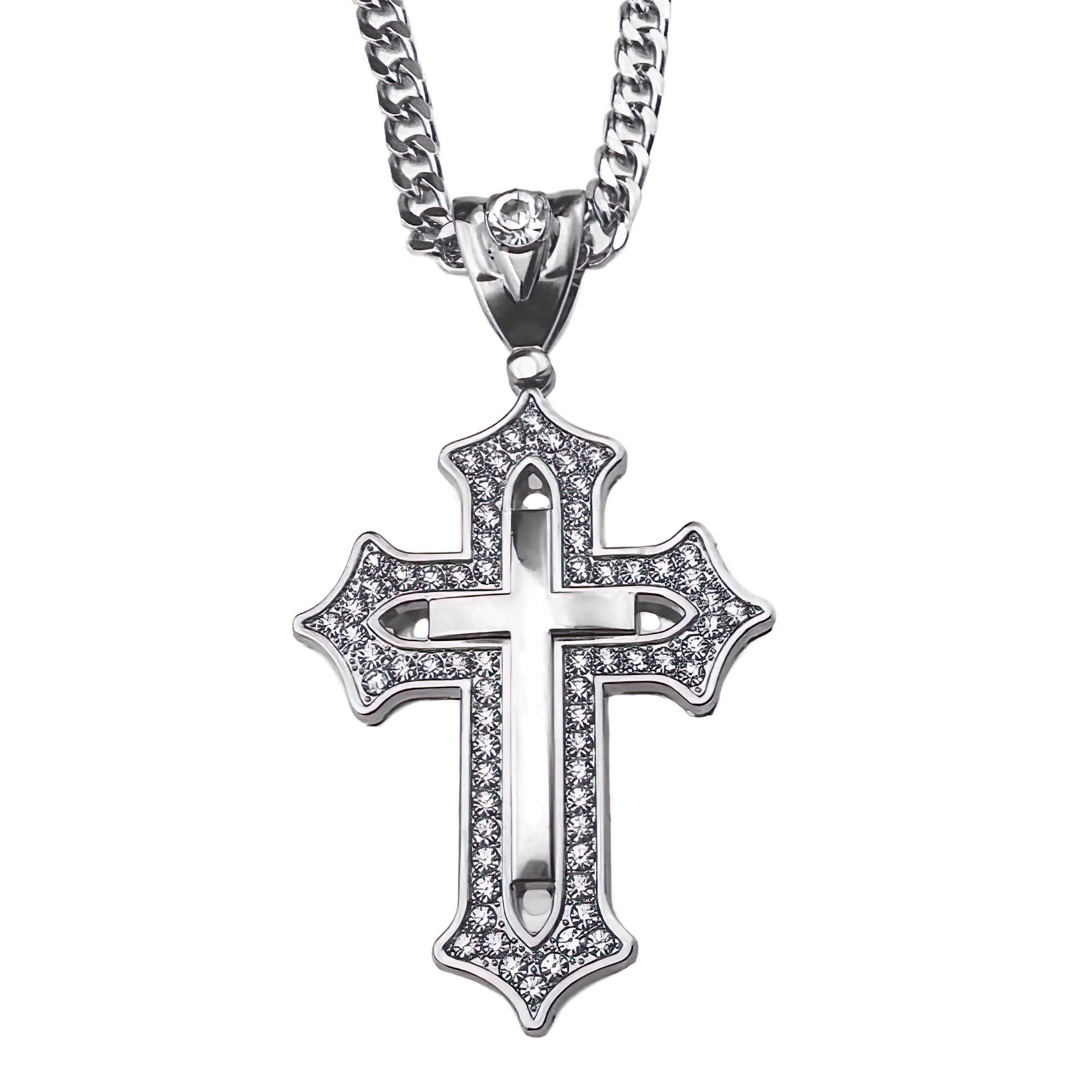 Huge See Through Combo Cross Necklace Simulated CZ Silver Tone Cuban