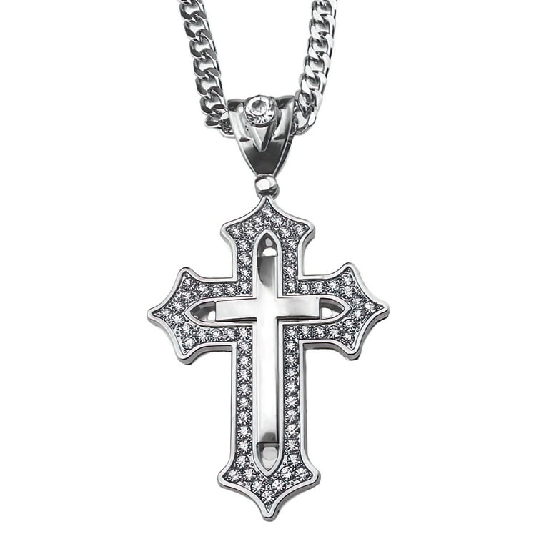 Mens Huge Fancy Iced Cross Pendant Necklace Flooded Out Silver