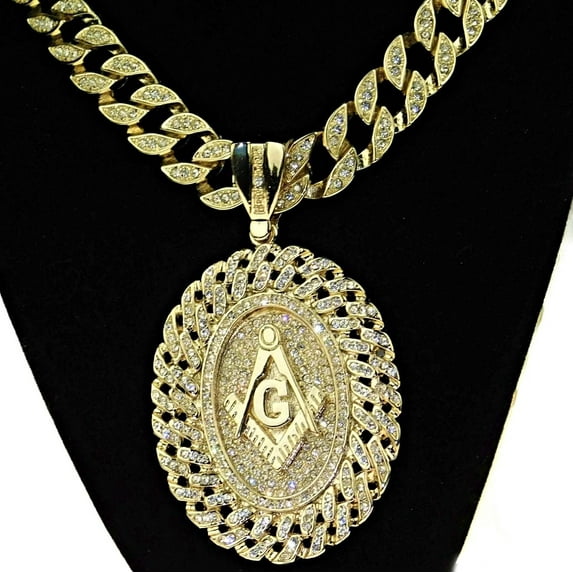 Mens Huge Mason Hip Hop Chain Oval Medallion Pendant Masonic Freemason Gold Finish 30" Cuban Bling Necklace