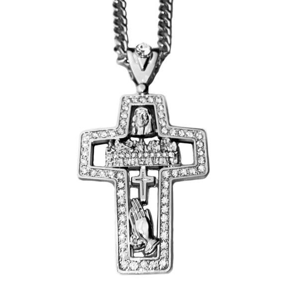 Mens Huge See Through Combo Cross Pendant Necklace Jesus Last Supper Praying Hands Silver Tone Cuban Hip Hop Chain 30" Inch