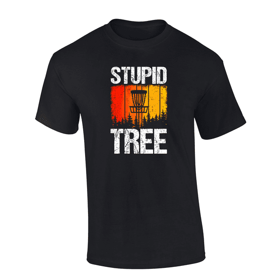 Mens Humorous Funny Colorful Distressed Stupid Tree Disc Golf Design Mens Short Sleeve T-Shirt-Black-X-Large