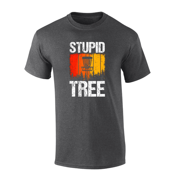 Mens Humorous Funny Colorful Distressed Stupid Tree Disc Golf Design Mens Short Sleeve T-Shirt-Heather Grey-Small