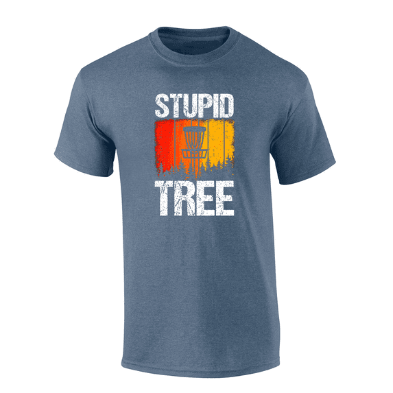Mens Humorous Funny Colorful Distressed Stupid Tree Disc Golf Design Mens Short Sleeve T-Shirt-Heather Indigo-Large
