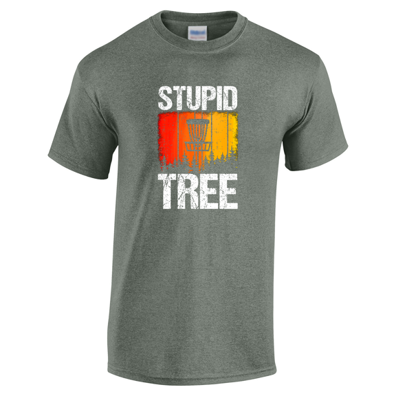 Mens Humorous Funny Colorful Distressed Stupid Tree Disc Golf Design Mens Short Sleeve T-Shirt-Heather Military Green-Large