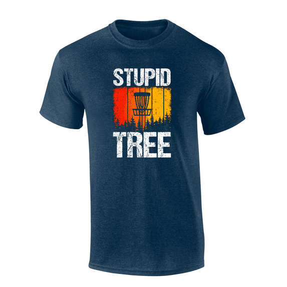 Mens Humorous Funny Colorful Distressed Stupid Tree Disc Golf Design Mens Short Sleeve T-Shirt-Heather Navy-4X-Large
