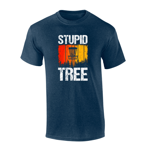 Mens Humorous Funny Colorful Distressed Stupid Tree Disc Golf Design Mens Short Sleeve T-Shirt-Heather Navy-Large