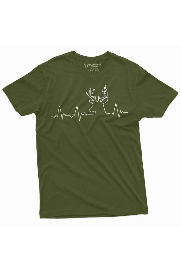 Mens Hunting Pulse T-Shirt Deer Hunt Heartbeat Camo Outdoors Camping Hobby Tee (Medium Military Green)