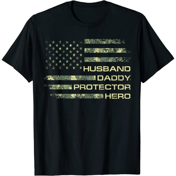 Mens Husband Daddy Protector Hero Fathers Day Camo American Flag T-Shirt