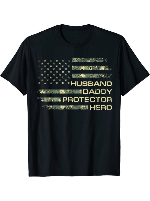 Mens Husband Daddy Protector Hero Fathers Day Camo American Flag T-Shirt