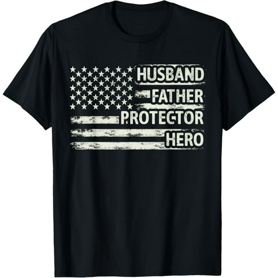 Mens Husband Father Protector Hero Dad American Flag Father Day T-Shirt Tee