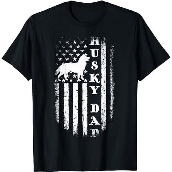 Mens Husky Dad Vintage American Flag Patriotic Husky Dog T-Shirt