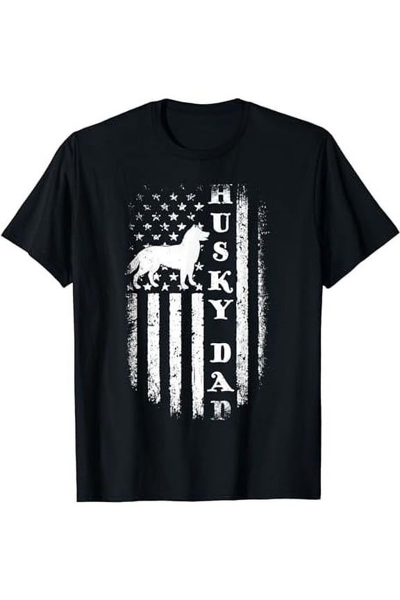 Mens Husky Dad Vintage American Flag Patriotic Husky Dog T-Shirt
